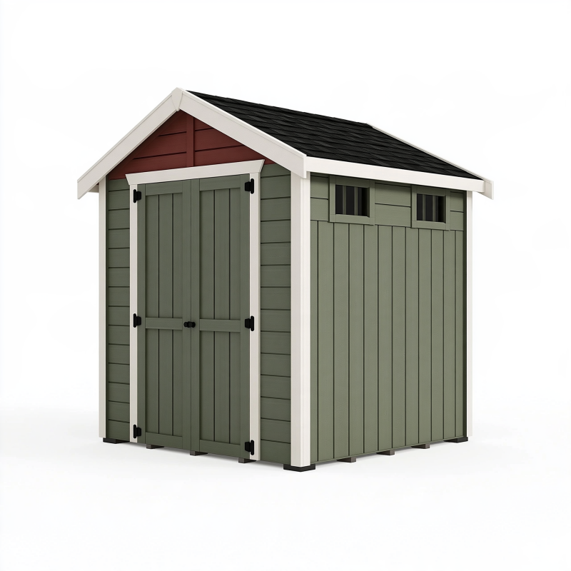 Abri de jardin 180 x 120 x 190 cm en résine vert gris avec double porte et fenêtres