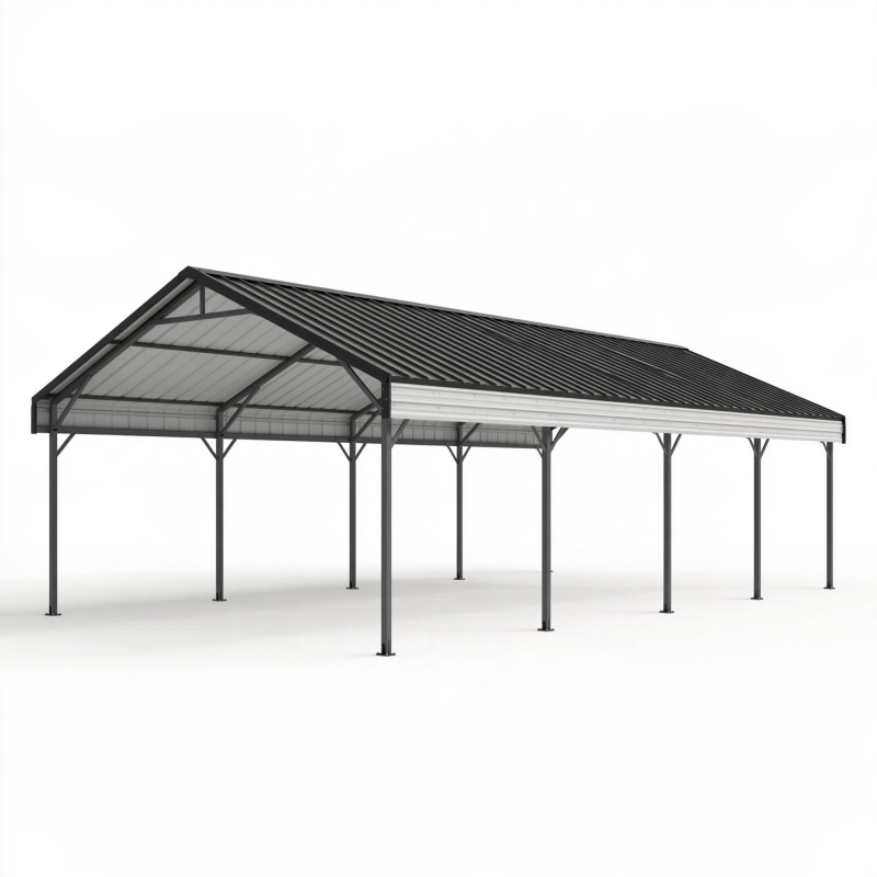 Abri voiture 600 x 300 x 270 cm en acier noir et argenté à toit double pente