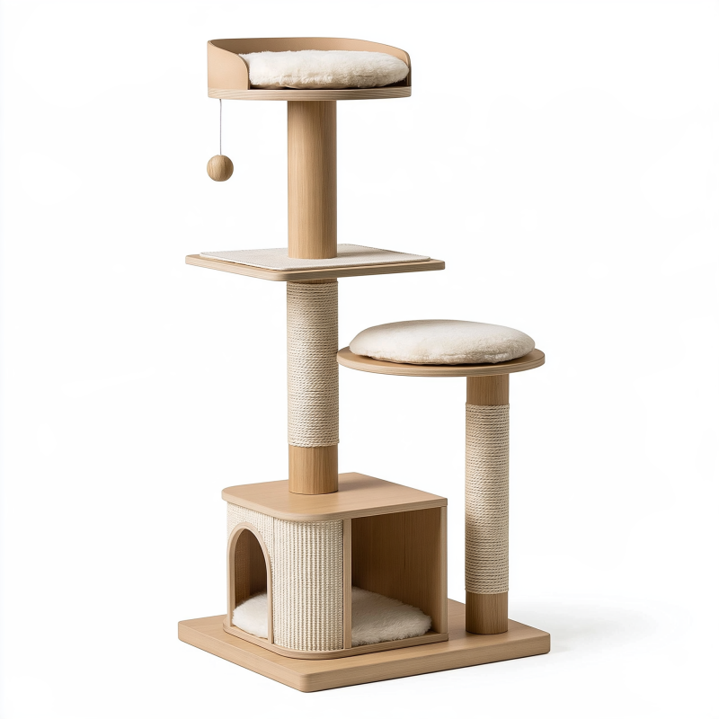 Arbre à chat 60 x 50 x 145 cm en bois beige avec griffoirs et niches