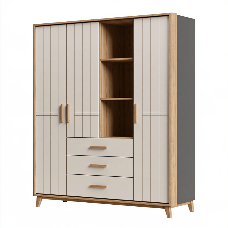Armoire de rangement 120 x 55 x 190 cm en panneaux de bois blanc et chêne avec portes tiroirs et étagères