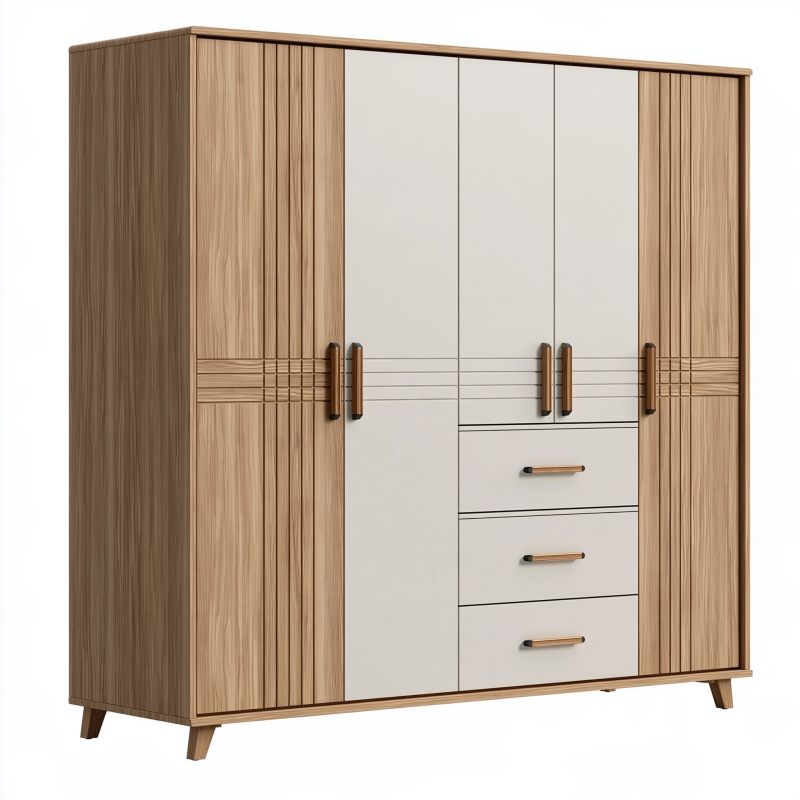 Armoire de rangement 180 x 60 x 200 cm bois naturel et blanc à 6 portes avec 3 tiroirs style contemporain