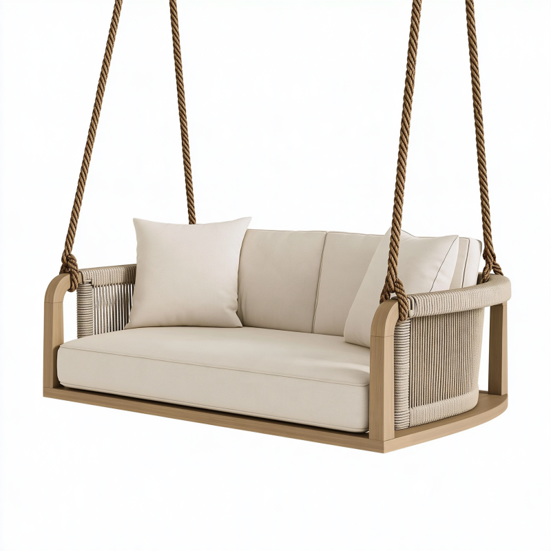 Balancelle suspendue 150 x 75 x 70 cm en bois et corde beige pour extérieur couvert style naturel